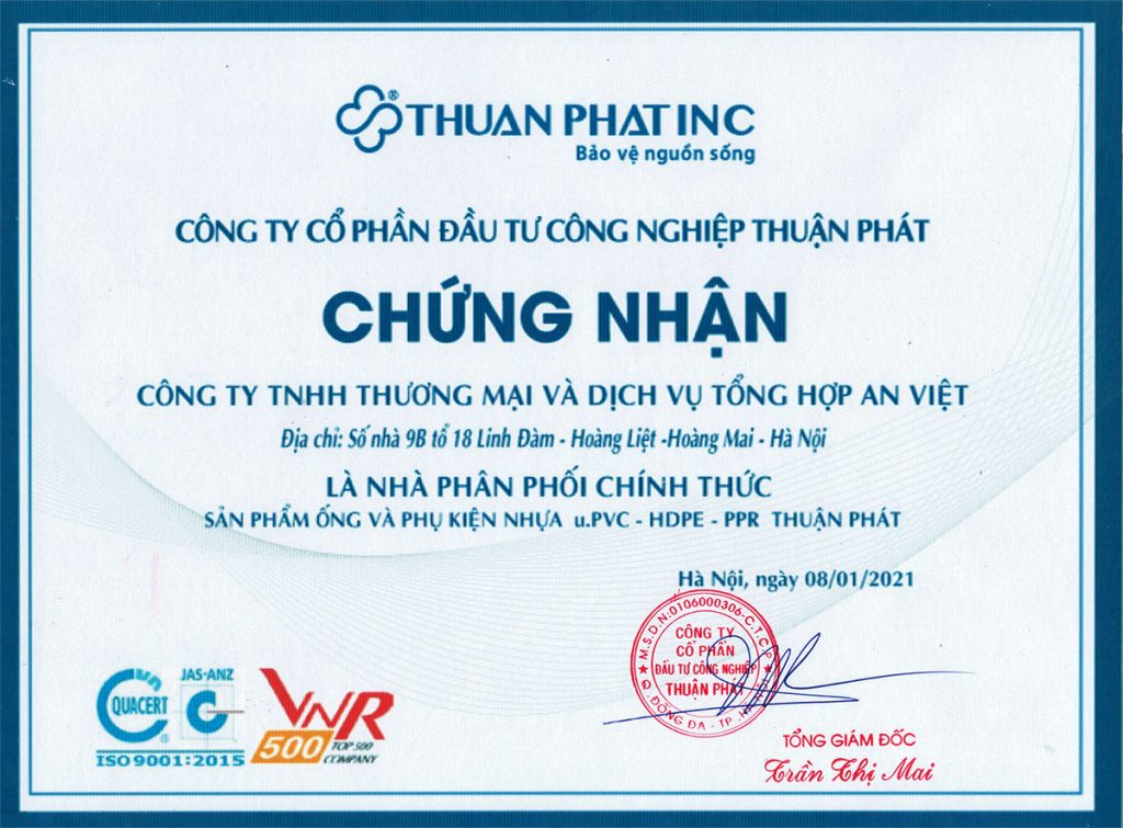 Giấy chứng nhận đại lý cấp 1 nhựa thuận phát