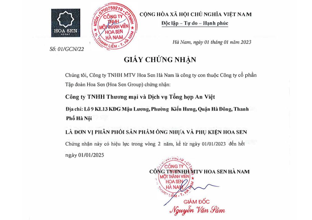 Giấy chứng nhận đại lý phân phối cấp 1 của Hoa Sen